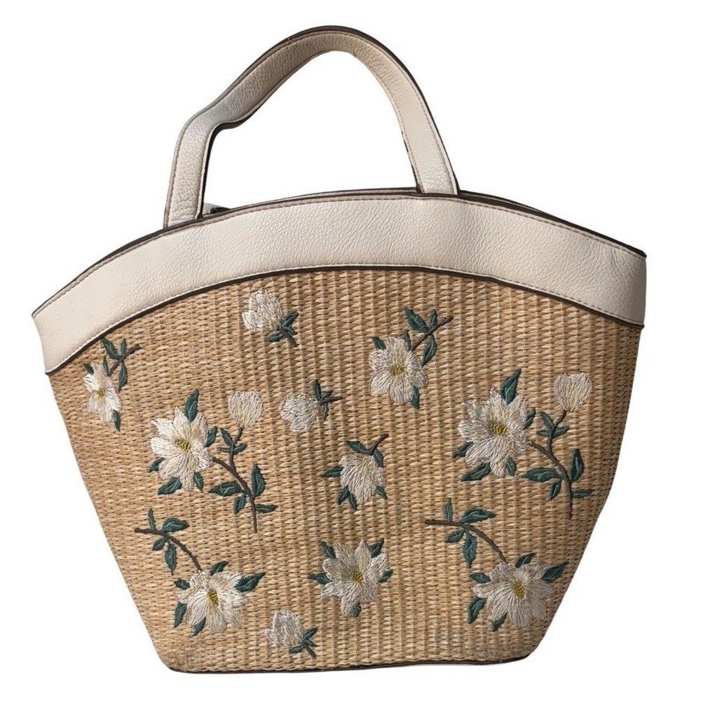 PRP PRATER JAMES Woven Straw Tote Bag Floral Embroidered White Leather Trim